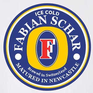 May include: A blue and yellow circular logo with the text "ICE COLD FABIAN SCH&Auml;R" around the outside. The center of the logo features a large red "F" inside a blue oval. The text "Brewed in Switzerland MATURED IN NEWCASTLE" is below the oval.