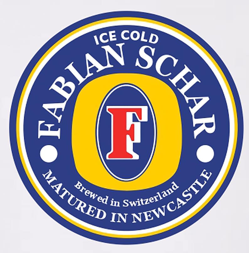 May include: A blue and yellow circular logo with the text "ICE COLD FABIAN SCH&Auml;R" around the outside. The center of the logo features a large red "F" inside a blue oval. The text "Brewed in Switzerland MATURED IN NEWCASTLE" is below the oval.