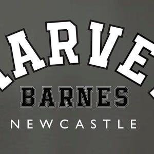 May include: Black and white logo with the text "HARVEY BARNES NEWCASTLE" in a vintage collegiate style font.