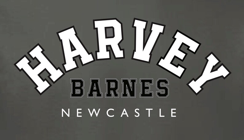 May include: Black and white logo with the text "HARVEY BARNES NEWCASTLE" in a vintage collegiate style font.