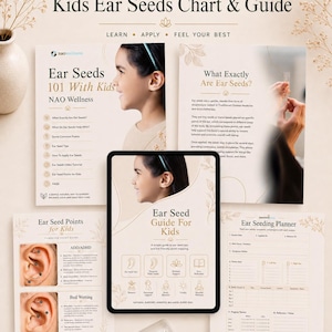 Guida e tabella dei semi auricolari per bambini, agopressione a misura di bambino, mappe dei semi auricolari, oltre 30 rimedi curativi in UN'UNICA guida, video tutorial, domande frequenti, workshop introduttivo.