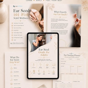May include: A collection of printed informational sheets titled Ear Seeds Chart & Guide, featuring text, diagrams, and a tablet displaying an Ear Seed Guide for Adults, alongside a clear plastic case containing small metallic ear seed beads.
