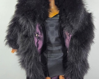 Hand made faux black full length fur coat for 12 inch fashion dolls