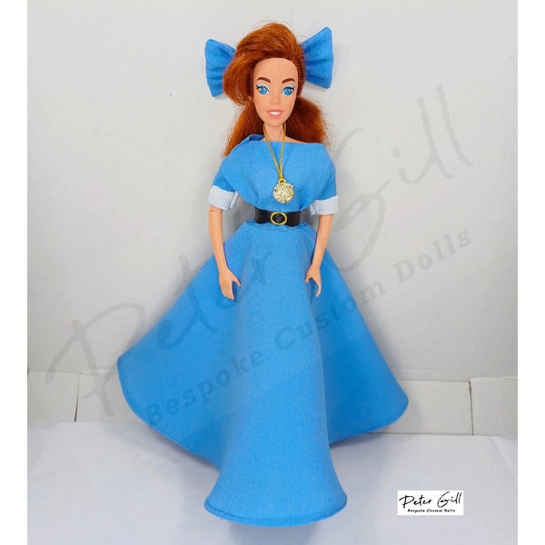 Anastasia doll blue boat dress with tights and hair bow journey to the past ooak custom
