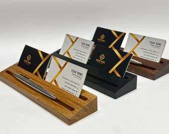 Business card holder made of natural wood with double compartment for business cards or pens, can be used for notes on the desktop.