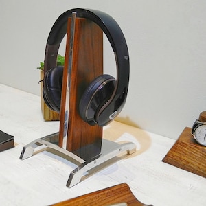 Headphone stand made of polished aluminum and Amazakue wood  - a unique accessory for your desktop ( model: Alpha )
