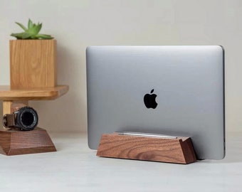 Single laptop stand in modern style cybertek, vertical stand for desktop table, wooden desk organizer, gift for him, laptop docking station