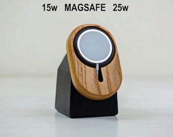 Support de bureau MagSafe en chêne, Support de charge 15 W et 25 W, Chargeur sans fil en bois avec poids supplémentaire intégré en acier de 1,3 kg