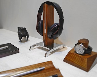 Headphone stand made of polished aluminum and Amazakue wood  - a unique accessory for your desktop   ( model: Rocket )