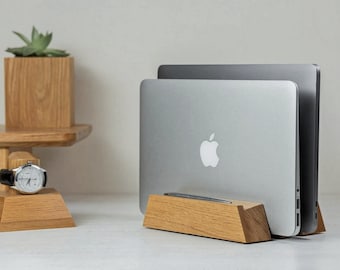 Double laptop stand in modern style cybertek, vertical stand for desktop table, wooden desk organizer, gift for him, laptop docking station
