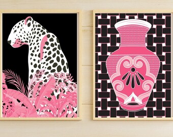 Pink and Black Maximalist Preppy Printable Art Set of 2
