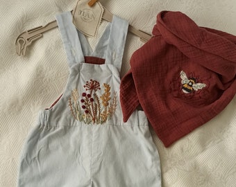 Children's dungarees size 80; 100% cotton (fine cord); timeless, fair & sustainable, colour: SKY BLUE, hand embroidered with wildflowers