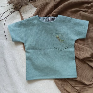 Linen shirt unisex, kimono shirt with hand-embroidered application made of 100% linen, size 92, color LIGHT BLUE image 1