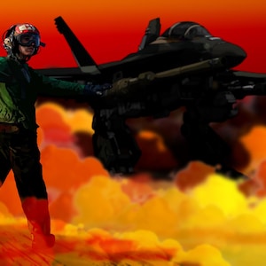 May include: An illustration of a person in a green flight suit and helmet, with arms outstretched, standing in front of a dark jet fighter against a fiery orange and yellow sky. The image has a dramatic, action-oriented feel.