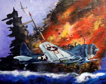 Grafika artystyczna z czasów II wojny światowej – Bombowiec nurkujący SBD Dauntless nad płonącym okrętem – obraz historyczny o wymiarach 12x18 cali autorstwa Tripa Ainswortha