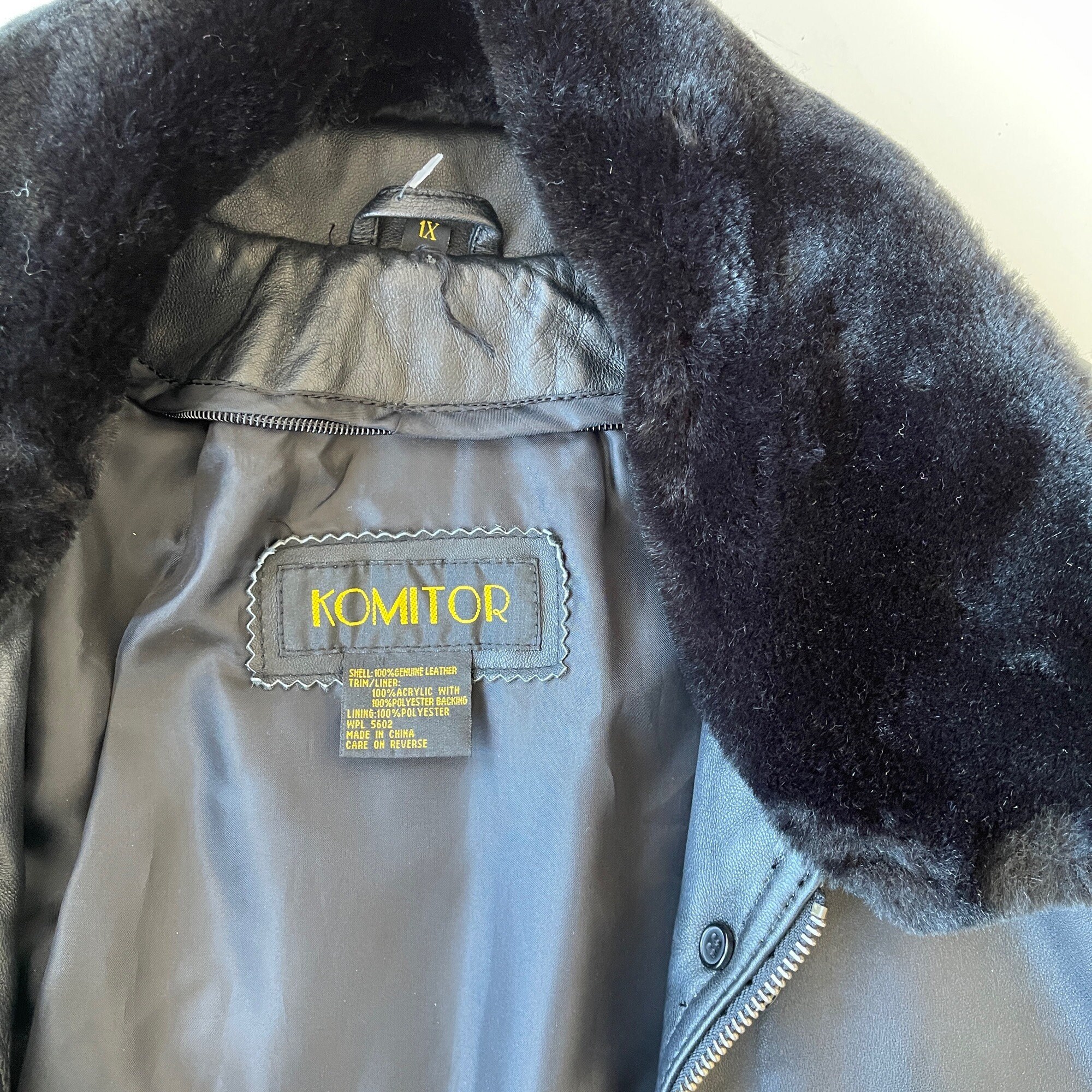 Komitor Black Leather Jacket Coat Removable Faux Fur Collar Heavy Duty