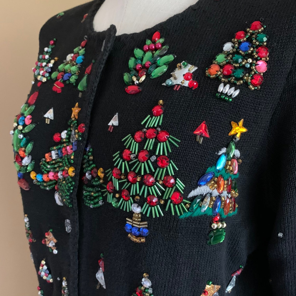 Michael Simon Cardigan Christmas Sweater Black Colorful Trees | Etsy