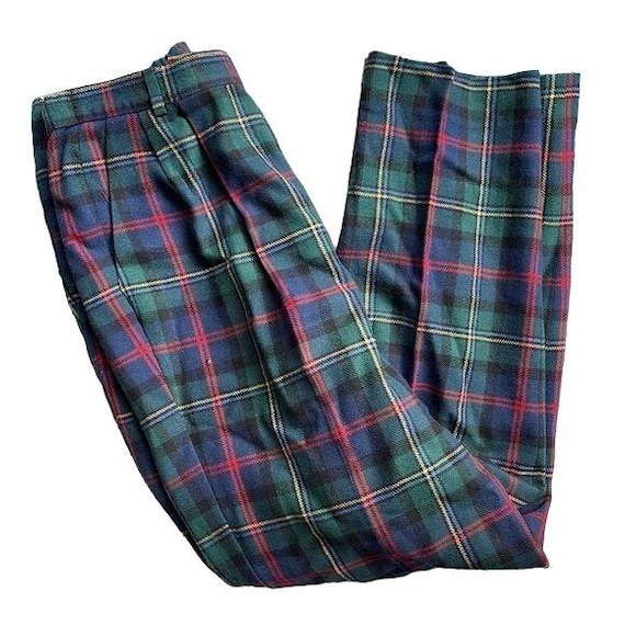 Pendleton, Pendleton Pants Virgin Wool Plaid Green Red Pleated Front Size 28 Waist Lined Cool Weather Ready