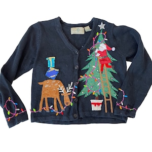 Design Options by Phillip and Jane Gordon Cardigan Santa Claus Rudolph Hanging Christmas Tree Lights Holiday Sweater Size Small