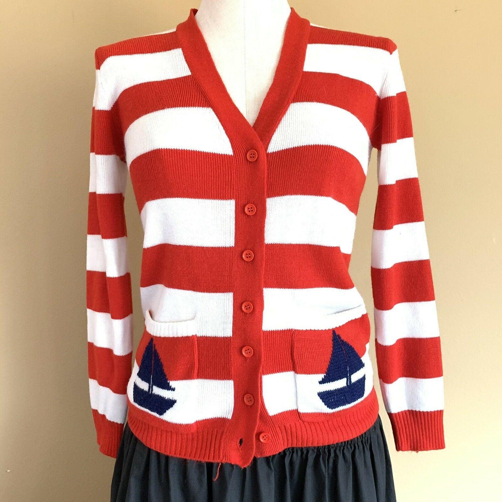 Nautical Sailboat Cardigan Sweater Small Pockets Red White Stripes