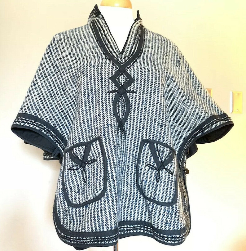 Guatemalan Gray Black Poncho Vintage Handmade Pullover Cross Poc Guatemalan Gray Black Poncho Vintage Handmade Pullover Cross Poc