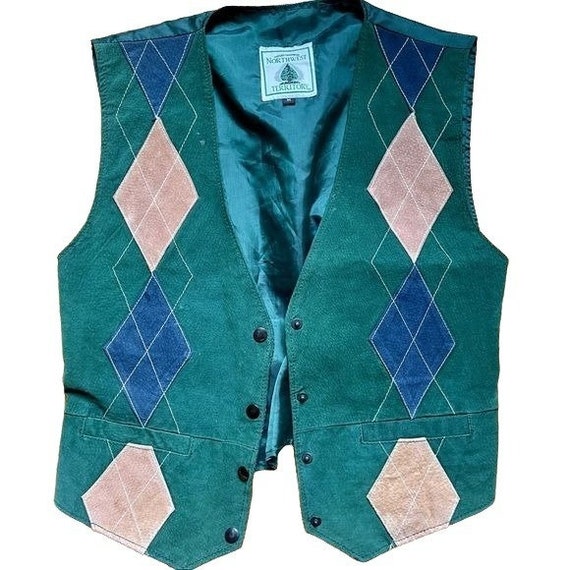 Vintage NORTHWEST TERRITORY Vest Argyle Suede Lea… - image 1
