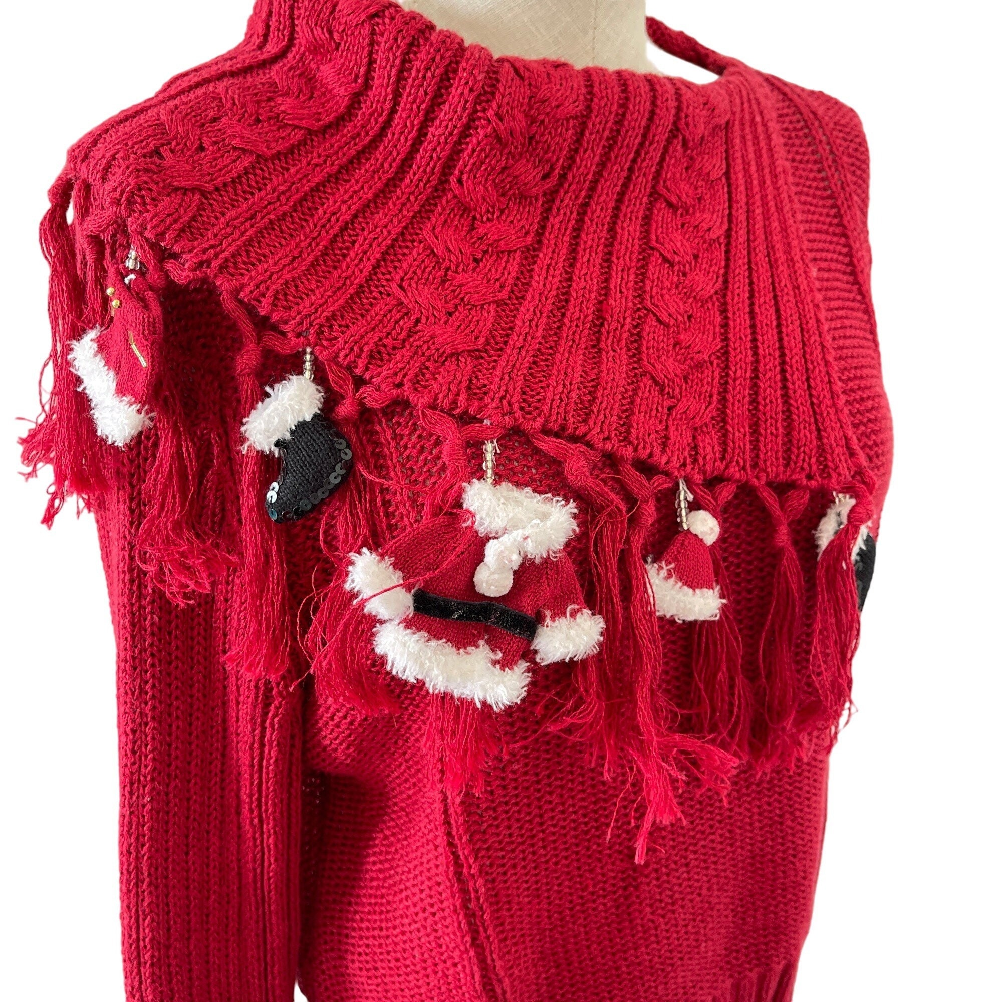 Sharon Young Sweater Santa Claus Suit Fringe Half Cowl Neck Red Knit Christmas Wearable Art Holiday Season Party Size Large VTG Etsy UK