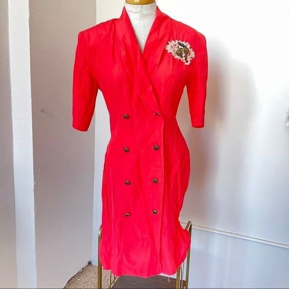 Vintage 80s Power Suit Dress Coral Double Breaste… - image 1