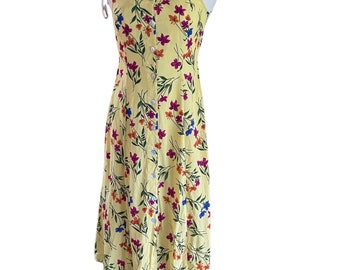 Vintage Sun Dress A-Line Yellow Floral Button Down Front Rayon 90s Y2K Summer BFA Classics Size XS Petite extra small