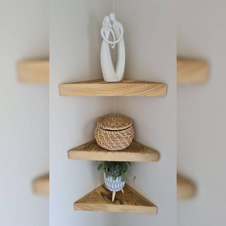 Set of 3 Reclaimed Wood Corner Shelves: Rustic Scaffold Board image 1