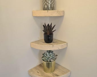 Chunky Corner Shelf, Curved Front Wood, Semi Circle Ledge