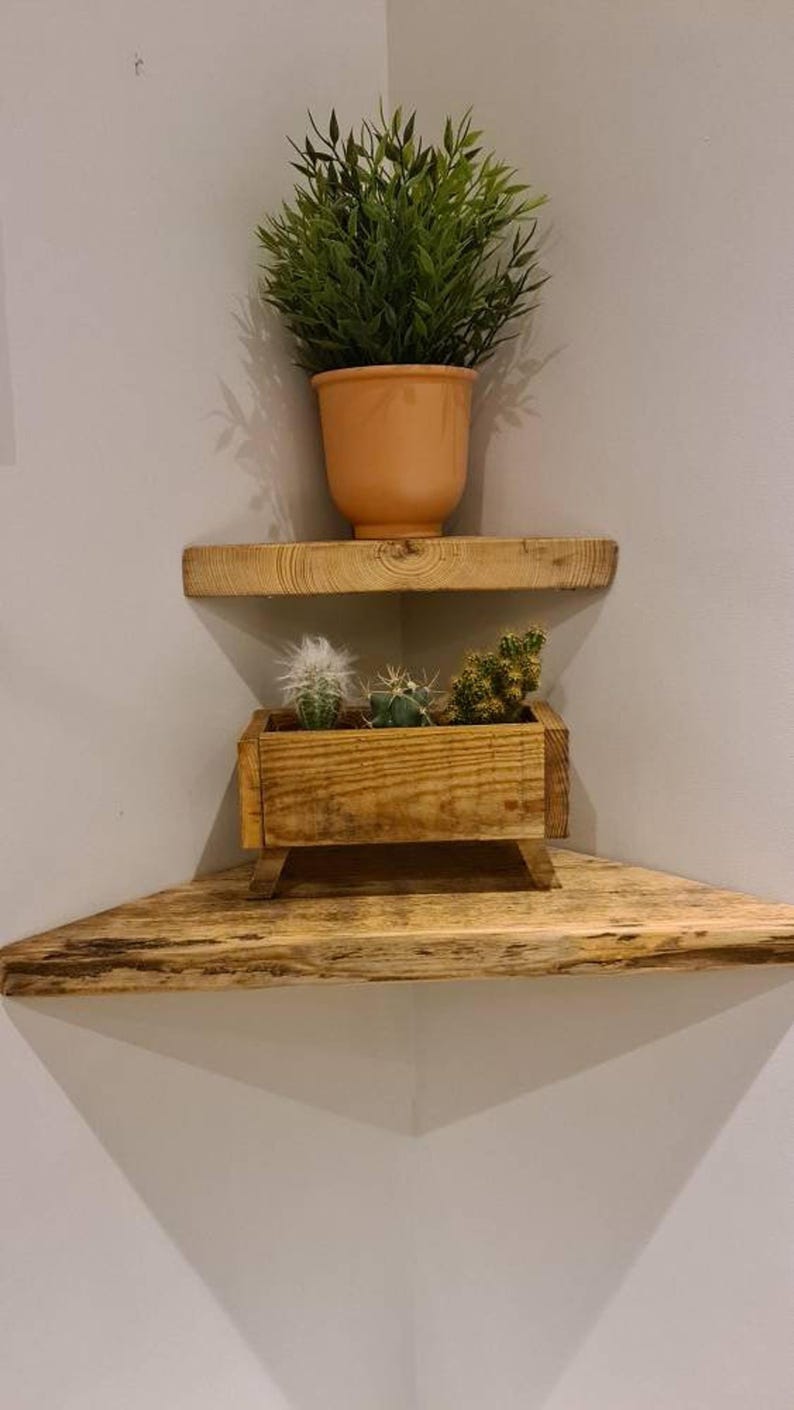 Pair of reclaimed scaffold board corner shelves, rustic industrial floating triangles for plants in a farmhouse-style corner.