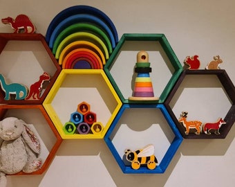 Reclaimed Wood Hexagon Shelf: Rainbow Honeycomb Shelves