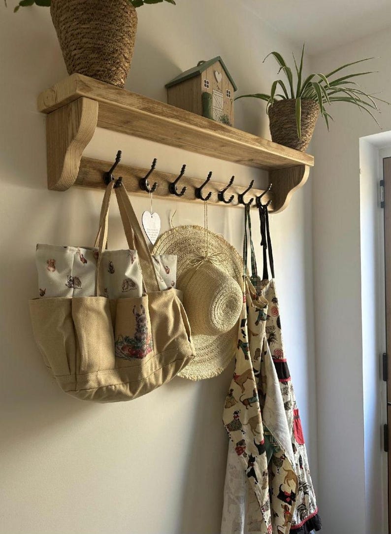 Coat Rack with Shelf - Ogee Style Ends - Reclaimed Scaffold Board Furniture - Entryway Shelving - image 3