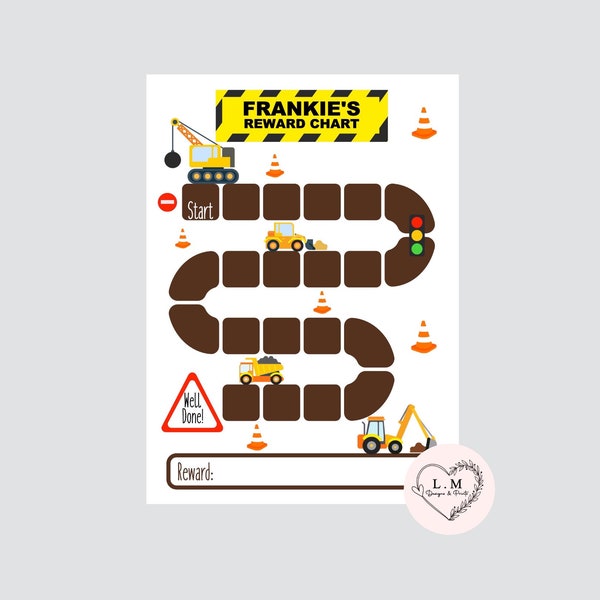 Personalised digger construction reward chart, Printable potty training reward chart, behaviour reward chart, themed reward chart