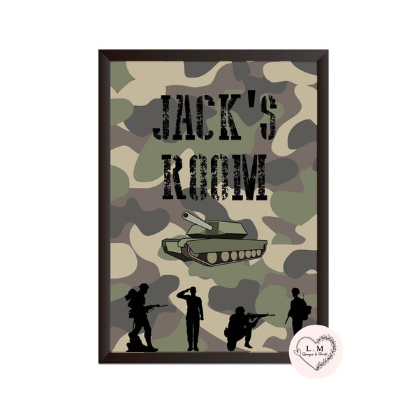 Boys room prints, Printable Personalised Army Military Soldier camouflage Print, Army themed bedroom decor, Playroom personalised army print