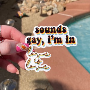 May include: A rainbow sticker with the text "Sounds gay, I'm in Love is Love" in black lettering.