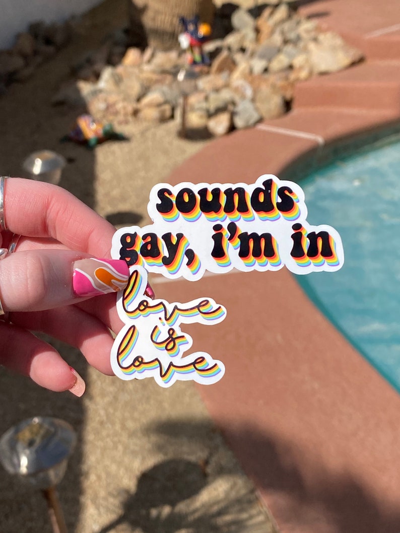 May include: A rainbow sticker with the text "Sounds gay, I'm in Love is Love" in black lettering.