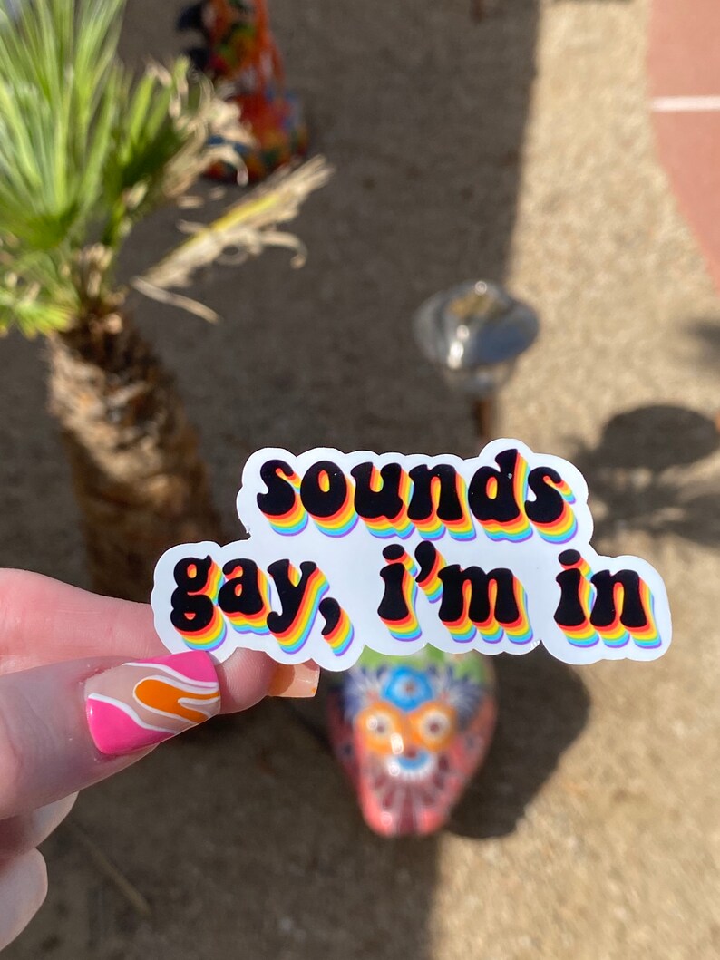 May include: A rainbow sticker with the text "Sounds gay, I'm in" in black letters.