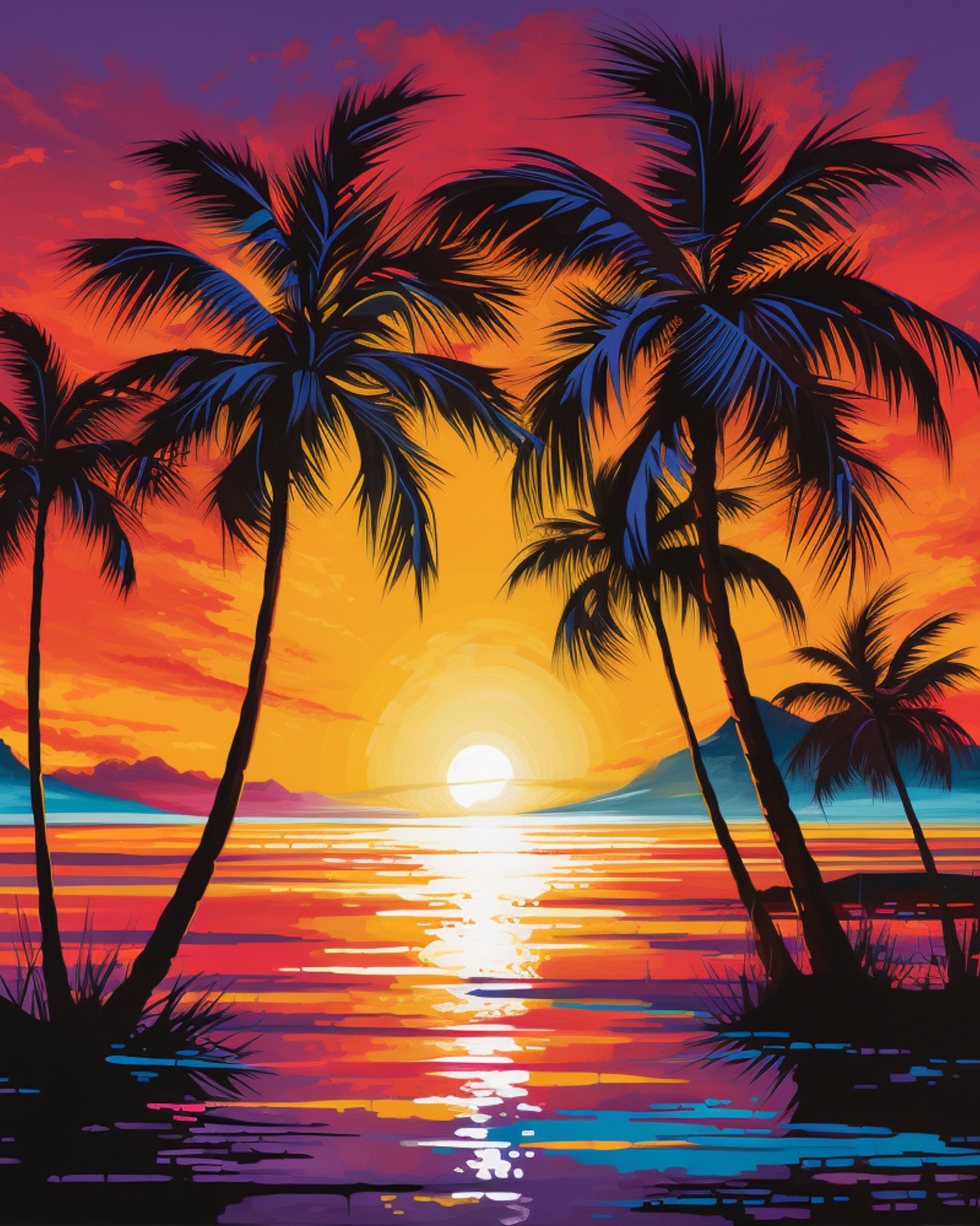 Tropical Neon Palm Tree Wall Art,palm Tree Sunset Island Oasis Decor