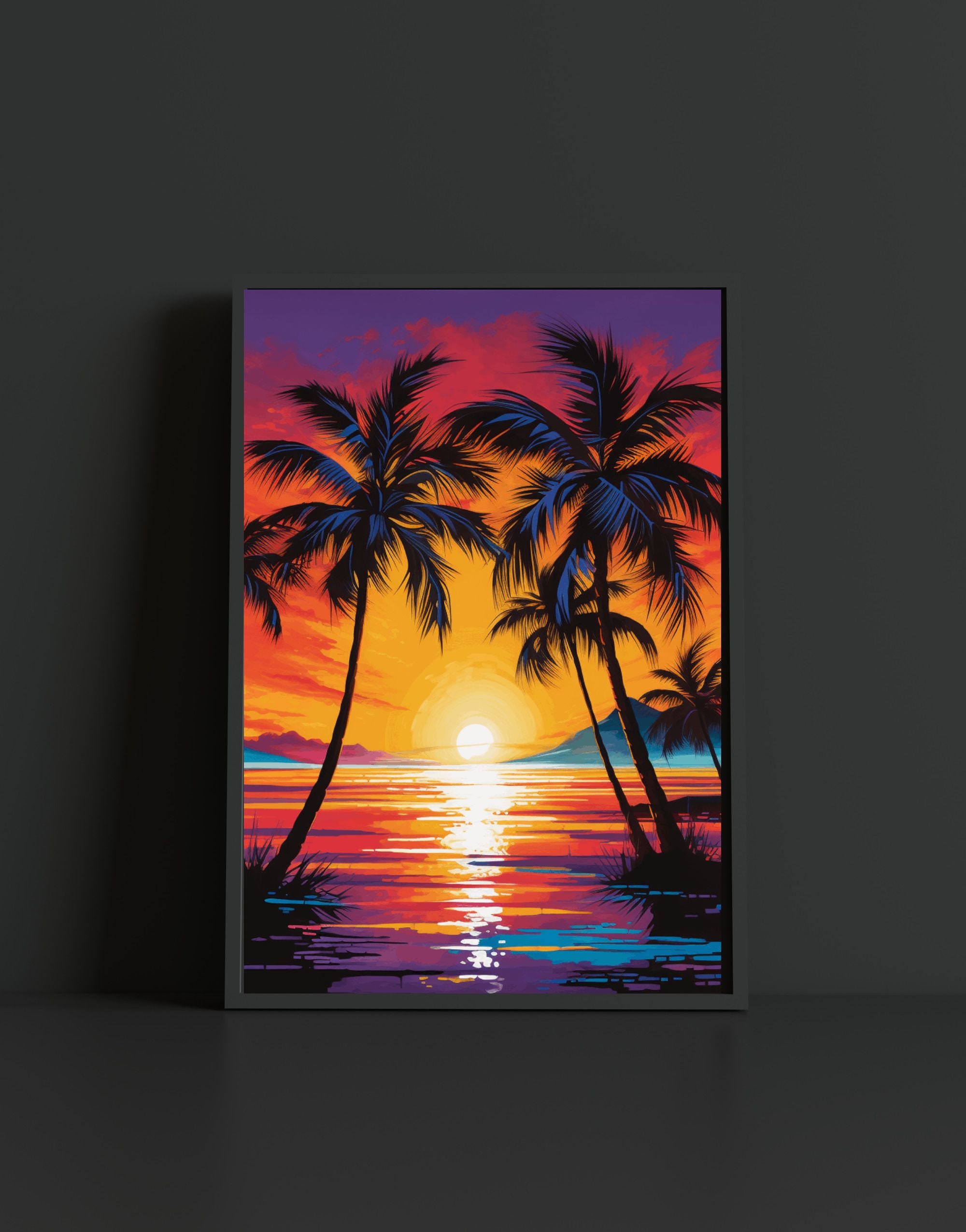 Tropical Neon Palm Tree Wall Art,palm Tree Sunset Island Oasis Decor