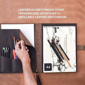 Funda de cuero para cuaderno de bocetos A4: regalos personalizados para artistas. Cuaderno de bocetos vertical. Cuaderno de bocetos de cuero rellenable. Cuaderno de bocetos grande.