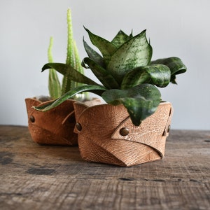 Handmade Leather Planter Pot Set: Home & Office Decor