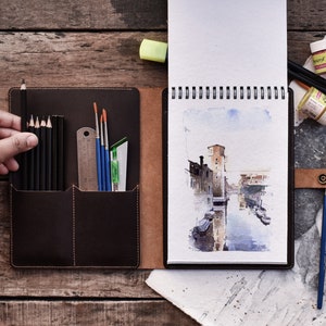 Handmade Leather Sketchbook Cover: Artist Sketch Pad with Pencils