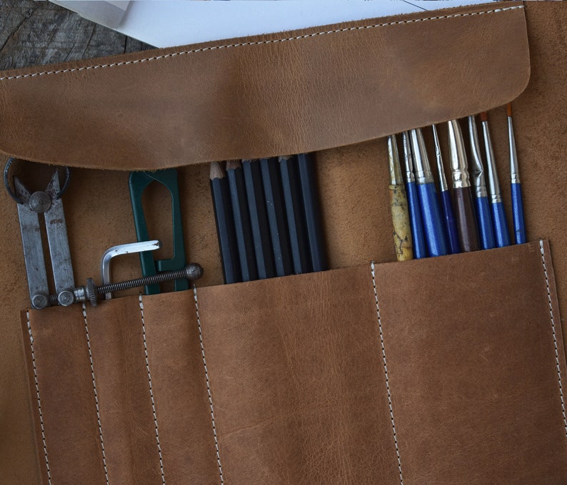 Leather artist roll,Pencil roll case,Leather brush roll,Leather pencil holder,Artist tool roll,Leather pencil roll,Paint brush holder image 3