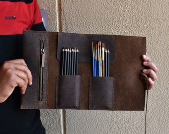 Étui à crayons en cuir, rouleau à crayons en cuir, étui à crayons en cuir, étui à outils en cuir, porte-pinceau, rouleau à outils artisanal, papier peint