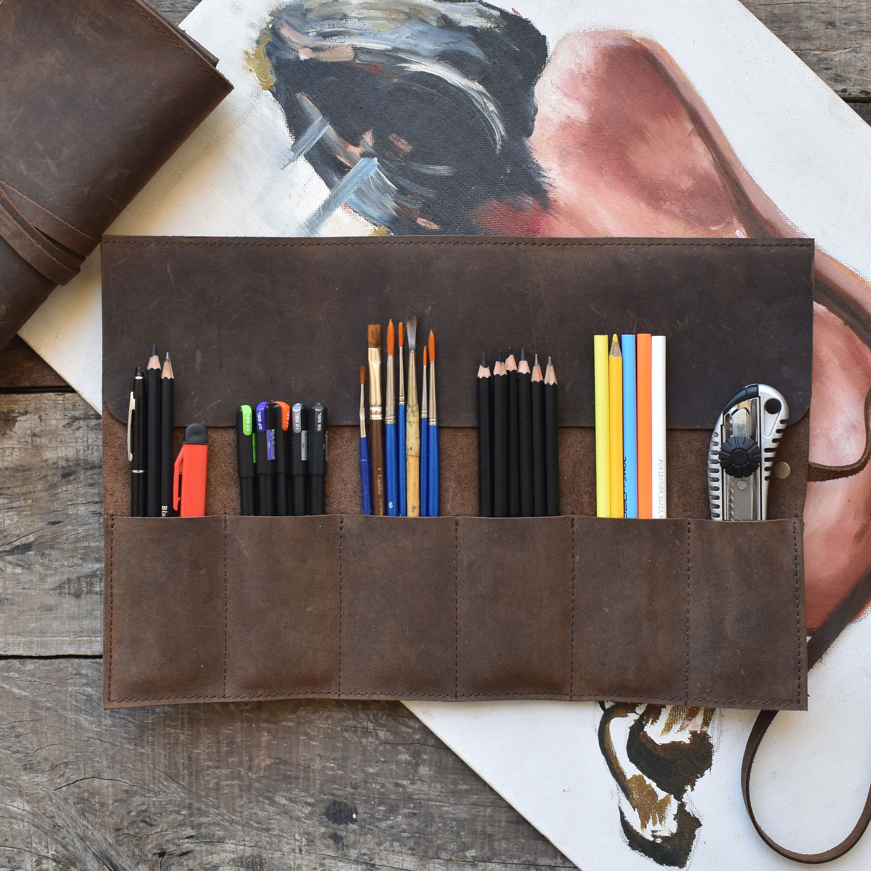 Leather pencil roll, Leather roll up pencil case, Leather artist roll,  Leather paintbrush roll PC006