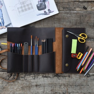 Handcrafted Leather Artist Roll, pencil case, Pencil Holder,Handmade Leather Artist Roll, pencil Wrap, Paint brush holder , imagem 2