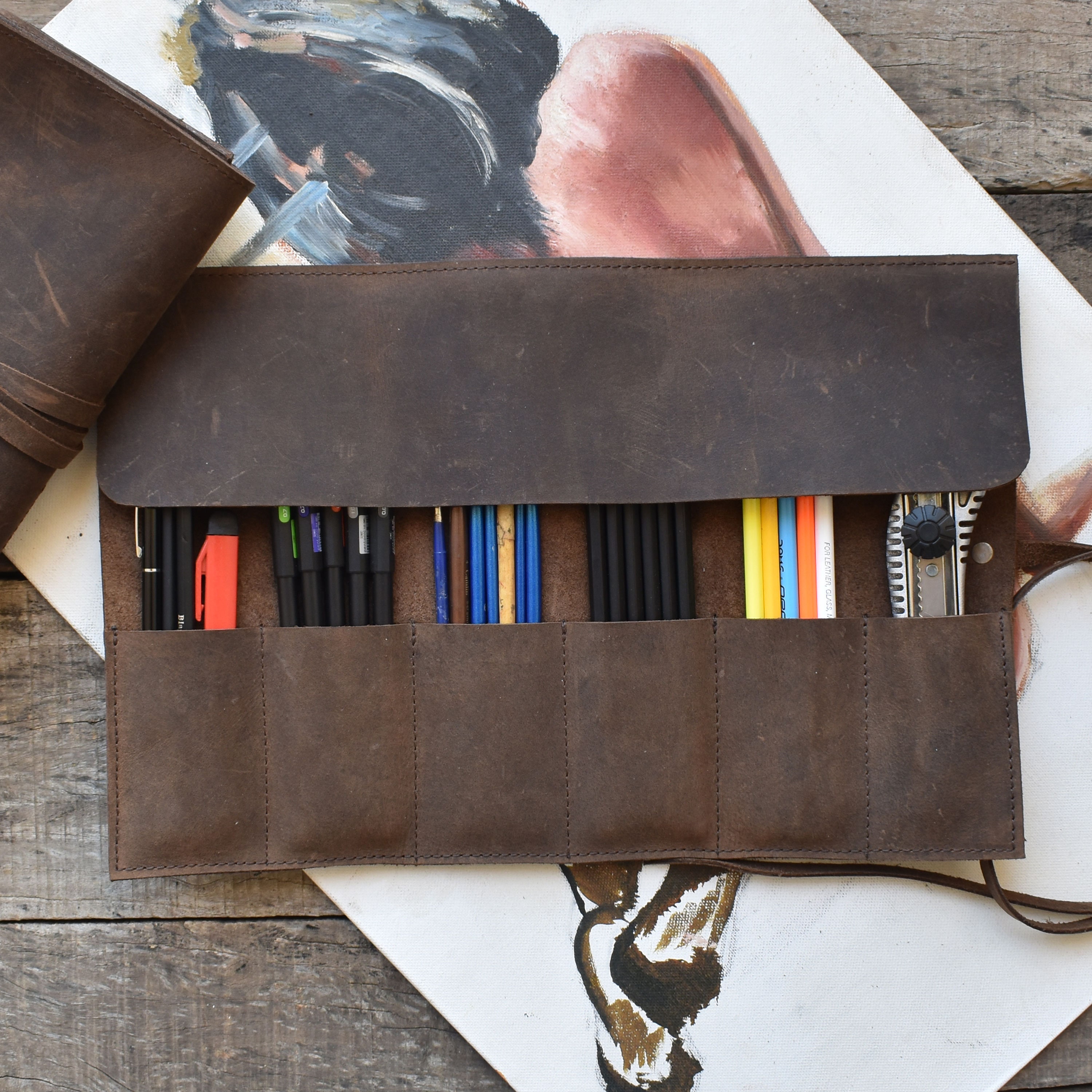 Leather pencil roll, Leather roll up pencil case, Leather pencil case roll,  Leather artist roll PC003