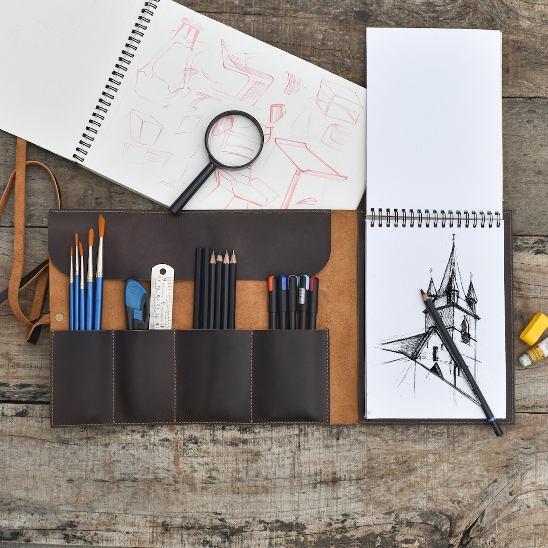 Handmade Leather Sketchbook Cover With Pen Pencil Holder Customisable